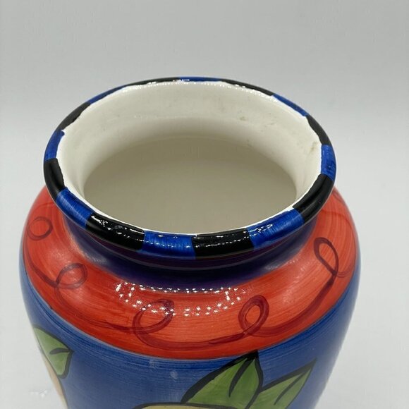 Milson & Louis Hand Painted Flower Vase Cobalt Blue Yellow Flowers Red Rim 6" - Picture 6 of 8